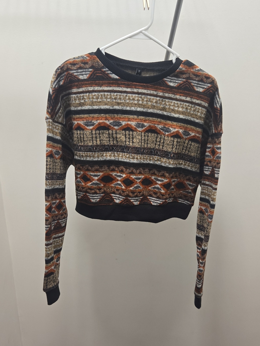 Cropped Patterned Long-Sleeve Sweater - Brown Multi